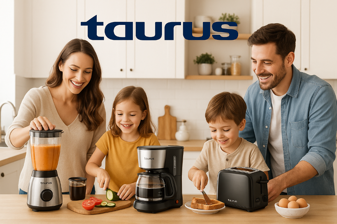  Banner de marca Taurus familia en la cocina usando electrodomesticos